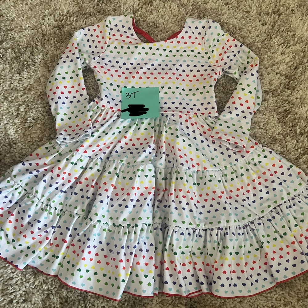 White Long-Sleeve Tiered Dress with Rainbow Hearts
